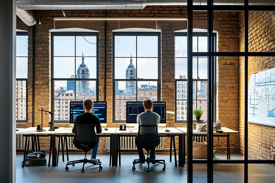 Dreambase engineering office in Boston with engineers working at standing desks